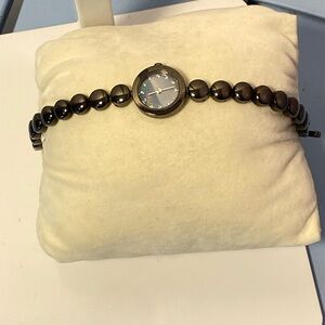 Skagen Women’s Gunmetal Beaded Bracelet Watch Mother-of-Pearl Dial Crystals